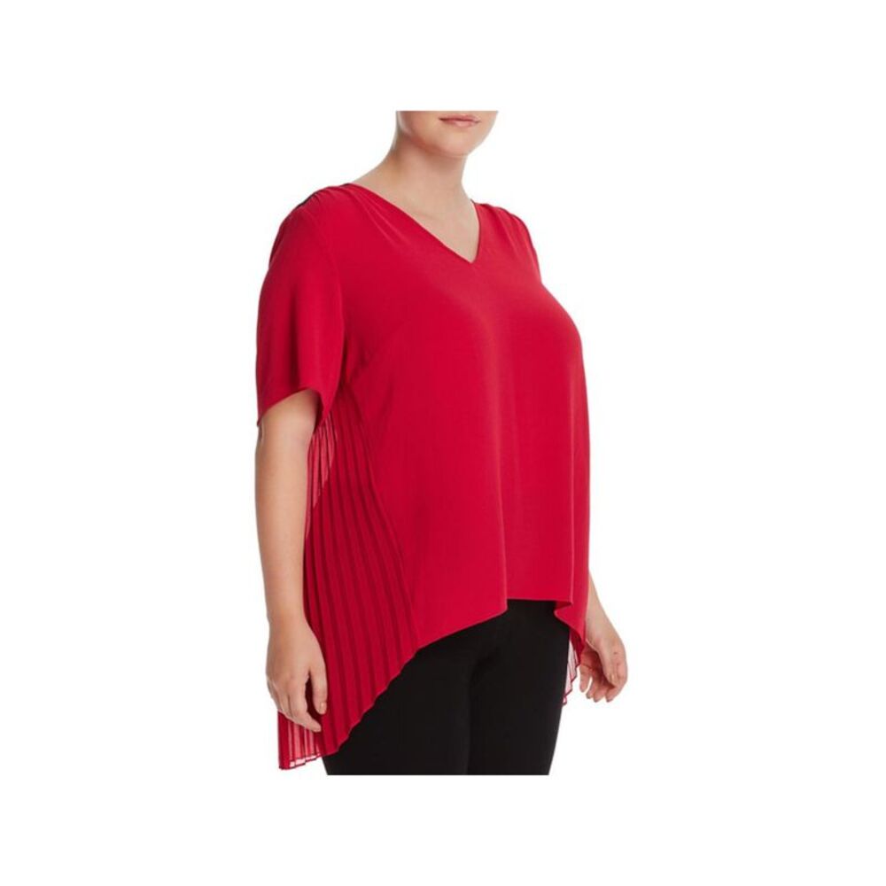 MICHAEL KORS Womens Top Hi-Lo Pleated Textured Short Sleeve V Neck